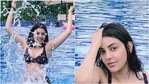 Kajal Aggarwal in <span class='webrupee'>₹</span>7k quirky printed bikini top and bottom serves pool day fashion goals(Instagram/@kajalaggarwal) Kajal Aggarwal in <span class='webrupee'>₹</span>7k quirky printed bikini top and bottom serves pool day fashion goals(Instagram/@kajalaggarwal)