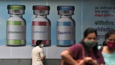 An advertisement outside Wockhardt Hospital displays the three Covid-19 vaccines available, in Mumbai on July 15. (HT file photo)