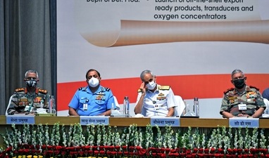 General Manoj Mukund Naravane; Admiral Karambir Singh; and Air Chief Marshal RKS Bhadauria. (PTI)