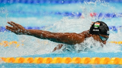 Sajan Prakash, of India, swims in a heat of the men's 100-meter butterfly at the 2020 Summer Olympics. (AP) Sajan Prakash, of India, swims in a heat of the men's 100-meter butterfly at the 2020 Summer Olympics. (AP)