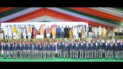 The felicitation ceremony organised at Atal Bihari Vajpayee Ekana Cricket Stadium in Lucknow. (Deepak Gupta/Ht Photo) The felicitation ceremony organised at Atal Bihari Vajpayee Ekana Cricket Stadium in Lucknow. (Deepak Gupta/Ht Photo)
