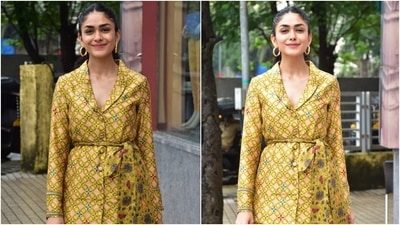 Mrunal was snapped by the paparazzi at an event in Mumbai today. For the outing, she wore a coordinated pantsuit set and looked uber-chic and elegant.  (HT Photo/Varinder Chawla)