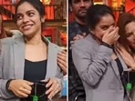 Sumona Chakravarti with Archana Puran Singh on The Kapil Sharma Show sets. Sumona Chakravarti with Archana Puran Singh on The Kapil Sharma Show sets.