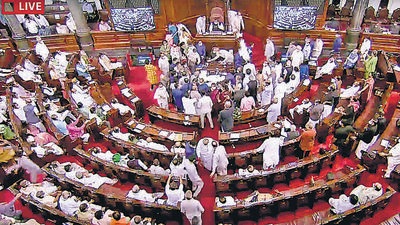Opposition MPs create uproar in Rajya Sabha during the Monsoon Session of Parliament, in New Delhi. (ANI) Opposition MPs create uproar in Rajya Sabha during the Monsoon Session of Parliament, in New Delhi. (ANI)