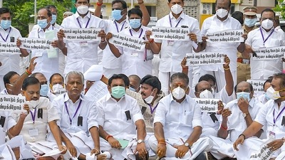 Edapaddi K. Palaniswami, leader of opposition in the Tamil Nadu Legislative Assembly along with other AIADMK MLAs (HT_PRINT) Edapaddi K. Palaniswami, leader of opposition in the Tamil Nadu Legislative Assembly along with other AIADMK MLAs (HT_PRINT)