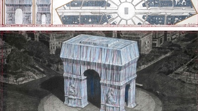 (FILES) In this file photo taken on April 03, 2019 A handout picture taken and released on April 3, 2019, by the press office Christo and Jeanne-Claude - 2018 Christo, shows the preparatory drawings and collages by US artist Christo Vladimiroff Javacheff aka Christo, of the art installation "L' Arc de Triomphe, Wrapped", in Paris. - The monumental work is said to make the Parisian monument disappear under 25,000 sqm of recyclable polypropylene silver and blue fabric and 7,000 meters of red rope from September 18 to October 3, 2021 despite Christo's death in May 2020. (AFP) (FILES) In this file photo taken on April 03, 2019 A handout picture taken and released on April 3, 2019, by the press office Christo and Jeanne-Claude - 2018 Christo, shows the preparatory drawings and collages by US artist Christo Vladimiroff Javacheff aka Christo, of the art installation "L' Arc de Triomphe, Wrapped", in Paris. - The monumental work is said to make the Parisian monument disappear under 25,000 sqm of recyclable polypropylene silver and blue fabric and 7,000 meters of red rope from September 18 to October 3, 2021 despite Christo's death in May 2020. (AFP)