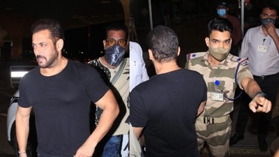 Salman Khan spotted at the Mumbai airport and was stopped by a CISF officer. (Varinder Chawla) Salman Khan spotted at the Mumbai airport and was stopped by a CISF officer. (Varinder Chawla)