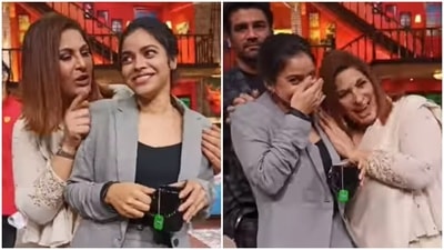 Sumona Chakravarti with Archana Puran Singh on The Kapil Sharma Show sets.