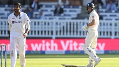 James Anderson of England looks at Jasprit Bumrah of India after being hit during Day 3 of the Lord's Test. (Getty) James Anderson of England looks at Jasprit Bumrah of India after being hit during Day 3 of the Lord's Test. (Getty)