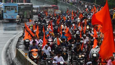 Members of the Maratha community participated in a bike rally organised by Maratha Kranti Sangharsh Morcha (MKSM) from Somaiya Maidan to CSMT, demanding reservation, in Mumbai, on June 27, 2021. (HT PHOTO) Members of the Maratha community participated in a bike rally organised by Maratha Kranti Sangharsh Morcha (MKSM) from Somaiya Maidan to CSMT, demanding reservation, in Mumbai, on June 27, 2021. (HT PHOTO)