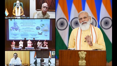 Prime Minister Narendra Modi addresses during the inauguration and foundation stone laying ceremony of multiple projects in Somnath, Gujarat through video conferencing, in New Delhi on Friday. (ANI) Prime Minister Narendra Modi addresses during the inauguration and foundation stone laying ceremony of multiple projects in Somnath, Gujarat through video conferencing, in New Delhi on Friday. (ANI)