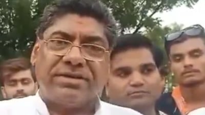 A video grab of BJP leader Ramratan Payal speaking to reporters on petrol prices. (Credit: Twitter)