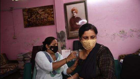 A dedicated vaccination camp has been set up to inoculate school staff. (Vipin Kumar/HT PHOTO)