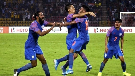 Indian football captain Sunil Chhetri celebrates with team mates (PTI)