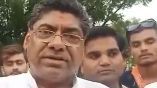 A video grab of BJP leader Ramratan Payal speaking to reporters on petrol prices. (Credit: Twitter)
