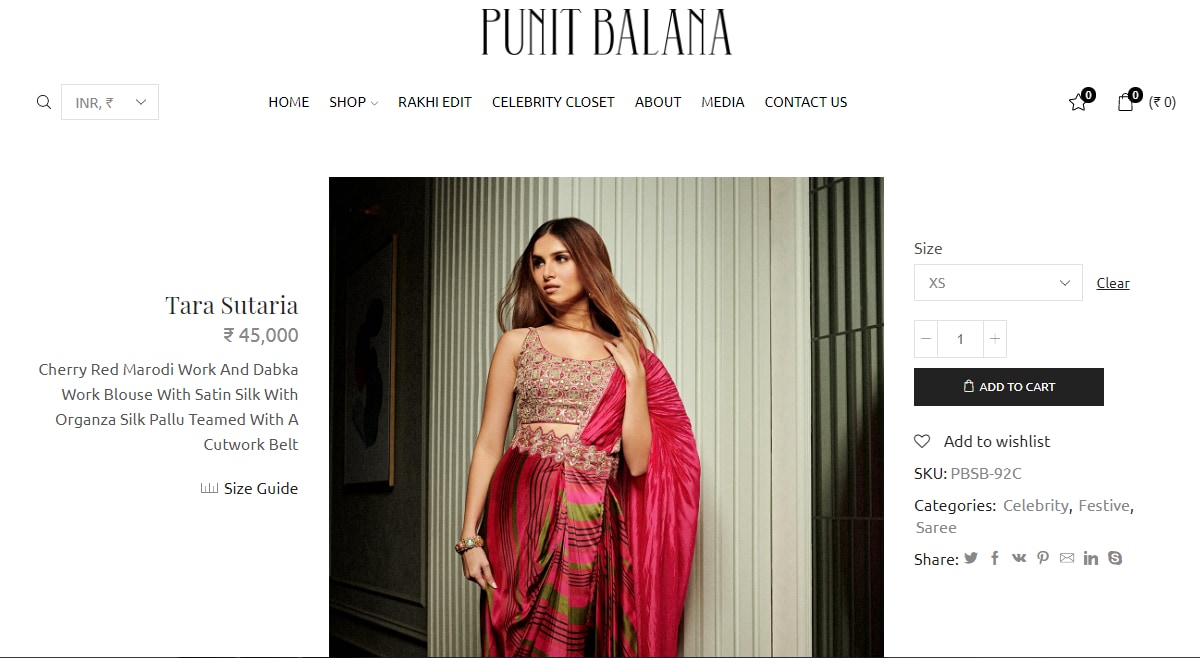 Tara Sutaria's cherry red pre-draped satin-silk saree from Punit Balana (punitbalana.in)