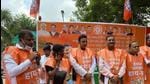 The state unit of the BJP protests against the Hemant-led government on Saturday. (HT Photo)