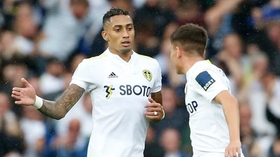 Leeds United's Raphinha celebrates scoring their second goal with Jamie Shackleton (REUTERS)