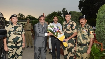 Parliamentary Standing Committee on Home Affairs to Union Territories of Jammu &amp; Kashmir and Ladakh, headed by Congress Rajya Sabha MP Anand Sharma, visits FTR HQ BSF Jammu and BOP Makwal. (ANI)