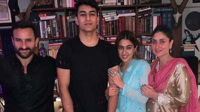 This picture-perfect moment was captured on Diwali where the men can be seen twinning in black while Kareena Kapoor Khan and Sara Ali Khan went traditional.  (Instagram/@saraalikhan)