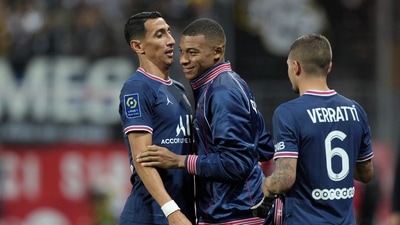 PSG's Angel Di Maria, left, celebrates with teammates Kylian Mbappe, center, and Marco Verratti. (AP) PSG's Angel Di Maria, left, celebrates with teammates Kylian Mbappe, center, and Marco Verratti. (AP)