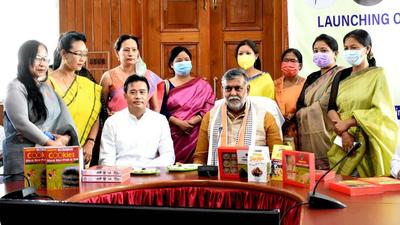 Union Minister of State for Food Processing Industries and Jal Shakti Prahlad Singh Patel with women entrepreneurs during the launch of indigenous food products in Imphal on Saturday. (HT PHOTO.) Union Minister of State for Food Processing Industries and Jal Shakti Prahlad Singh Patel with women entrepreneurs during the launch of indigenous food products in Imphal on Saturday. (HT PHOTO.)