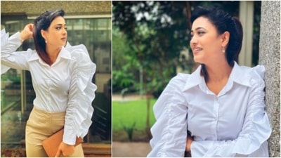 Earlier, Shweta Tiwari made headlines for posing in a classic white puffed sleeves blouse and beige pants. (Instagram/@shweta.tiwari)