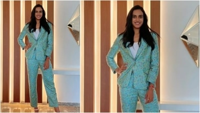 In another, PV Sindhu gave off major boss lady vibes in a metallic blue pantsuit. (Instagram/@pvsindhu1)