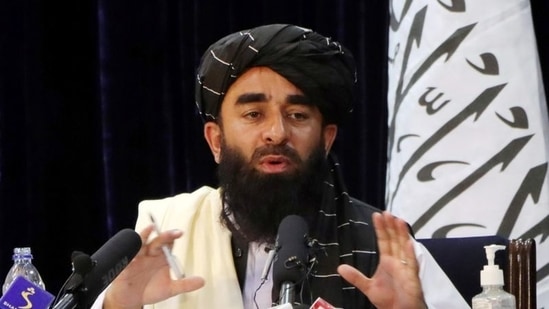Taliban spokesperson Zabihullah Mujahid speaks during a news conference in Kabul, Afghanistan.(Reuters)