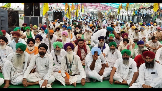 Farmers during a protest in Jalandhar on Saturday.