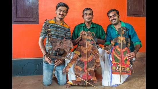 Ramachandra Pulavar (centre) and his sons Rahul and Rajiv are using current tales and online platforms to promote Kerala’s ancient shadow puppetry. Ramachandra Pulavar (centre) and his sons Rahul and Rajiv are using current tales and online platforms to promote Kerala’s ancient shadow puppetry.