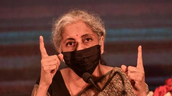 Union Finance Minister Nirmala Sitharaman addresses a press conference in Lucknow, Saturday. (PTI)