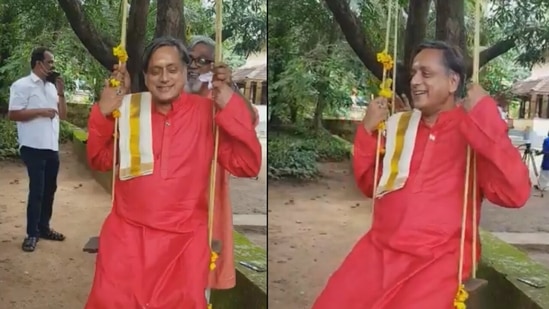 Congress leader Shashi Tharoor enjoying the Onam swing tradition (Screengrab from video posted by @ShashiTharoor on Twitter)