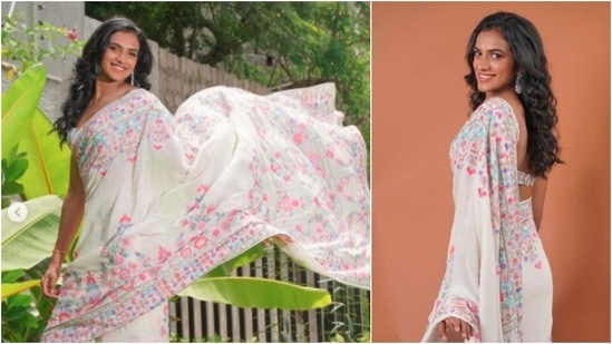 PV Sindhu recently took to her Instagram handle to share a few pictures of herself in a gorgeous embellished white saree by ace designer Manish Malhotra. Check out her pictures here.(Instagram/@pvsindhu1)