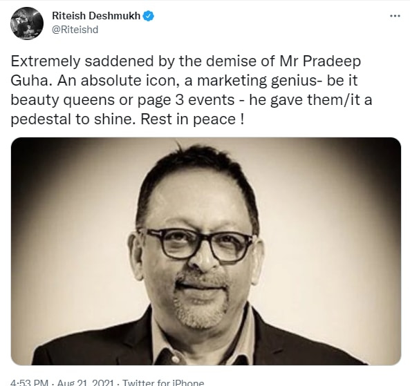 Riteish Deshmukh also condoled his death.