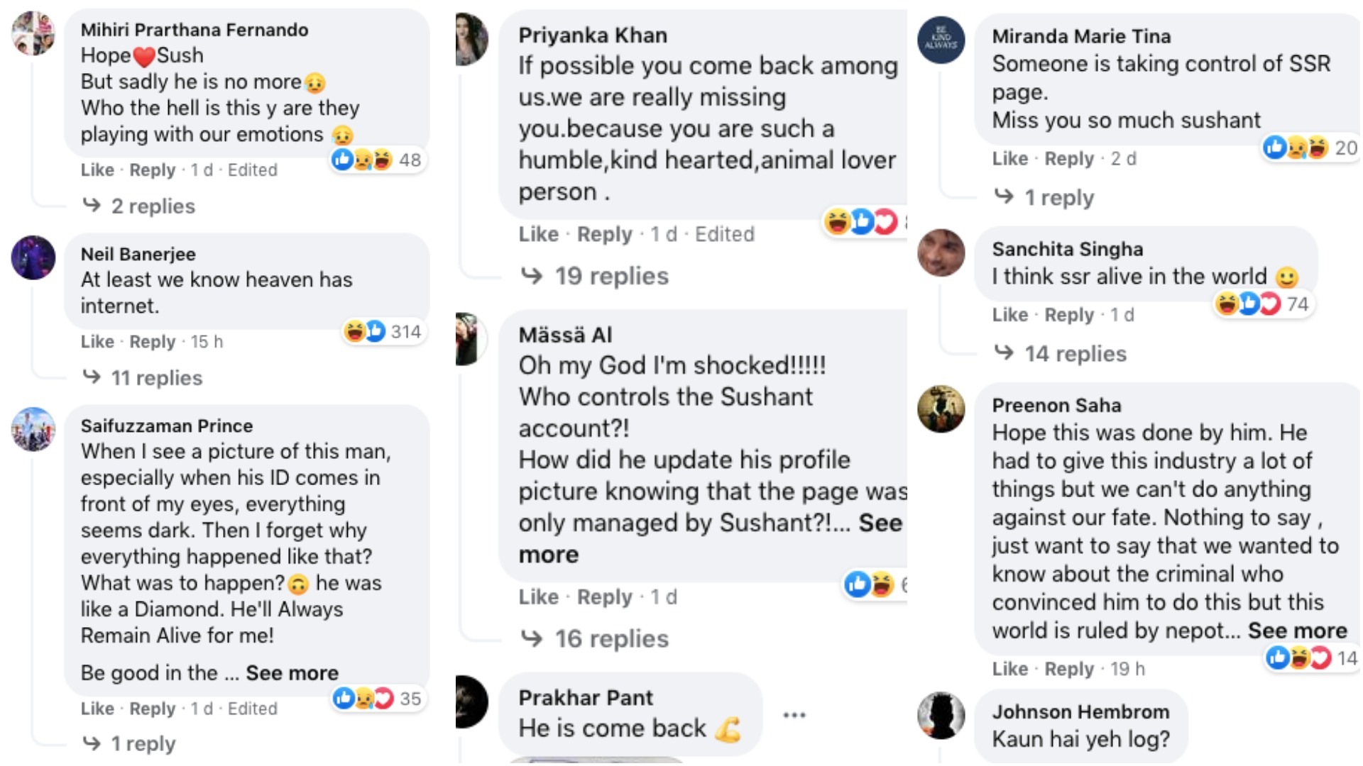 Some comments on Sushant Singh Rajput's Facebook page.