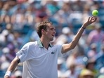 Daniil Medvedev serves the ball during his semifinal match against Andrey Rublev during the Western and Southern Open at the Lindner Family Tennis Center