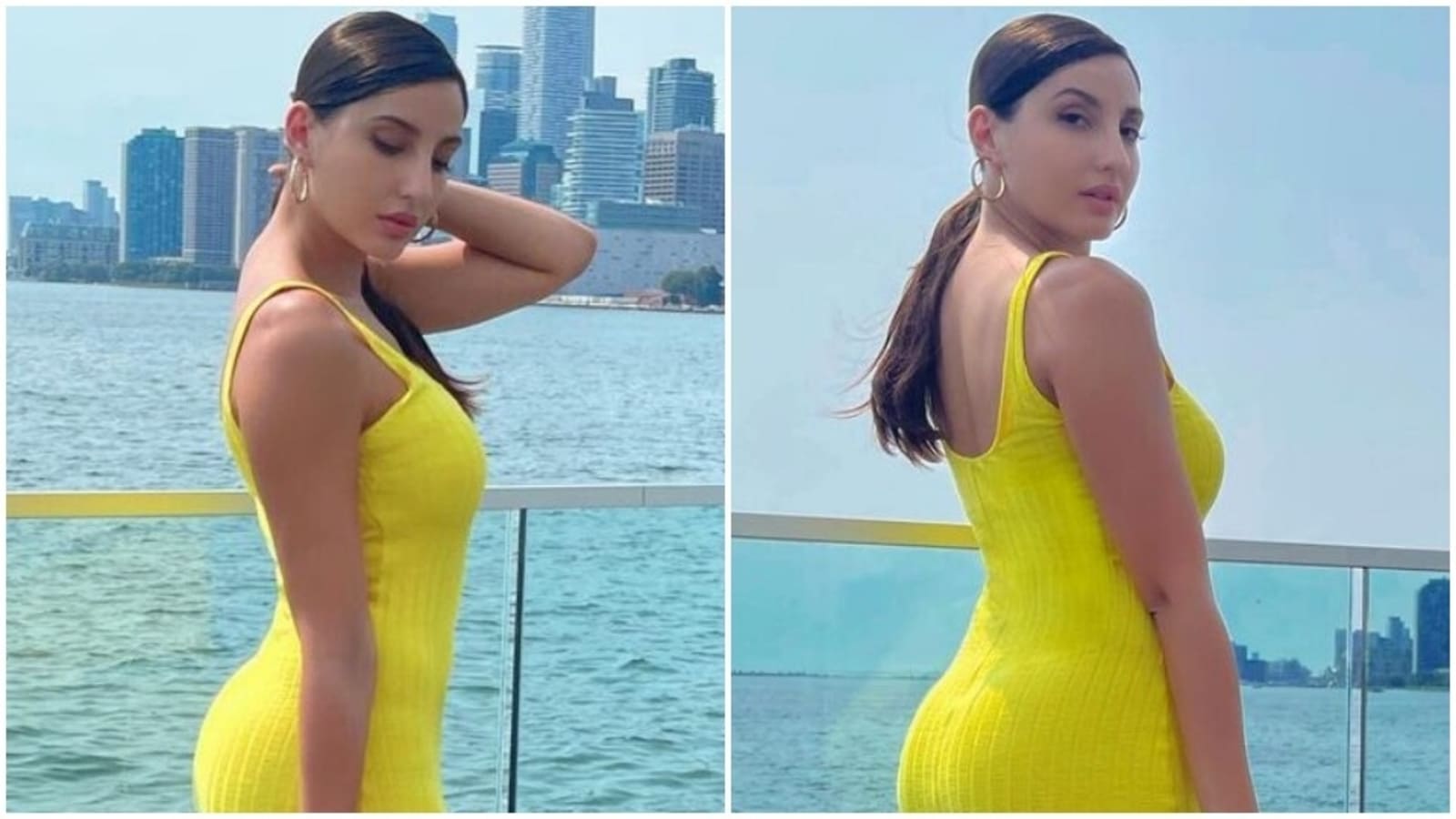 Nora Fatehi In A Sexy Yellow Figure Hugging Dress Poses For Sun Kissed Shoot In Toronto News Azi