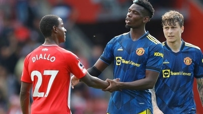 Manchester United's Paul Pogba with Southampton's Ibrahima Diallo after the match (REUTERS)