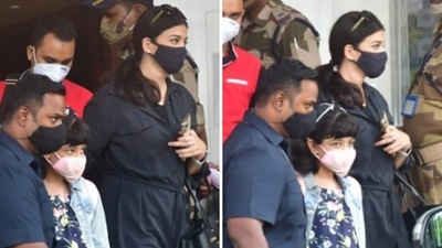 Aishwarya Rai and her daughter Aaradhya at the Kalina airport in Mumbai on Sunday, (Varinder Chawla) Aishwarya Rai and her daughter Aaradhya at the Kalina airport in Mumbai on Sunday, (Varinder Chawla)