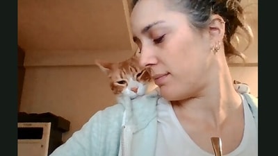The image taken from the video shows the cat with its human. (Jukin Media)