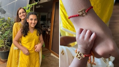 Dia Mirza shared photos of son Avyaan’s first Raksha Bandhan celebration. Dia Mirza shared photos of son Avyaan’s first Raksha Bandhan celebration.