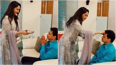 Madhuri Dixit Nene has two sisters Bharati Dixit and Rupa Dixit and one brother Ajit Dixit. Earlier today, she took to her Instagram handle to share a beautiful video of herself and her brother Ajit celebrating Raksha Bandhan. (Instagram/@madhuridixitnene)