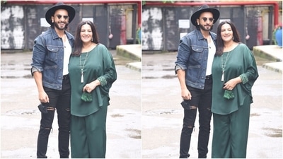 Ranveer Singh's mother, Anju Bhavnani, looked gorgeous in an all-green ensemble which she teamed with beige heels. (HT Photo)