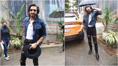 Ranveer Singh accessorised his quirky yet stylish look with black triangle shaped shades and a hat. (HT Photo/ Varinder Chawla)