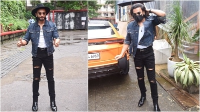 Deepika Padukone's husband, Ranveer Singh, looked dapper as he posed in black ripped denims, a white t-shirt, denim jacket and black shoes. 
