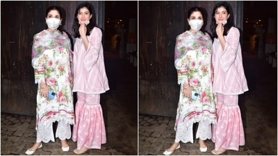 Both Shanaya and Maheep chose chic ethnic ensembles for the occasion that looked festive and effortless. While Maheep opted for a floral suit set, her daughter Shanaya looked ethereal in an embroidered ethnic outfit. (HT Photo/Varinder Chawla)
