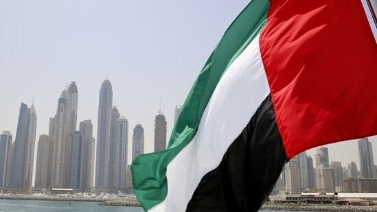 The UAE flag flies over a boat at Dubai Marina.(REUTERS)