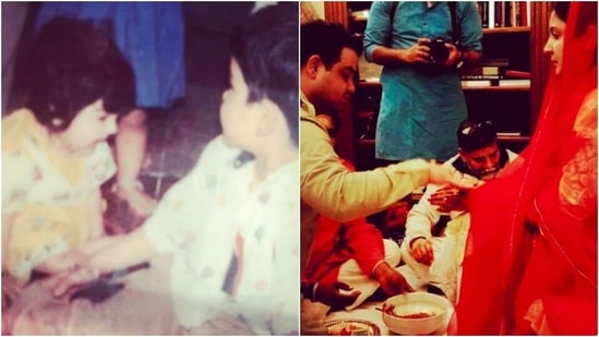 Anushka Sharma has an elder brother Karnesh Sharma, who is a film producer and earlier served in the Merchant Navy. She shared two pictures of herself and Karnish on Instagram. While one is a major throwback still of their childhood, the other is a recent picture from a ceremony.(Instagram/@anushkasharma)