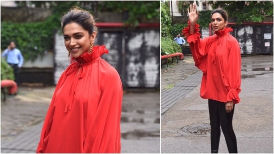 With her hair tied up in a messy bun, Deepika Padukone accessorised her classy look with golden statement earrings.(HT Photo/Varinder Chawla)